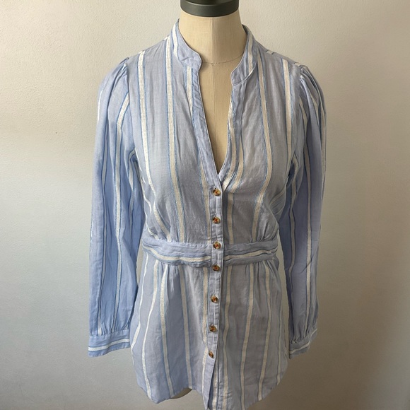 Anthropologie Building 18 Blue Stripe South Seas Button Up Tie Blouse Top Sz 8 - Picture 3 of 8